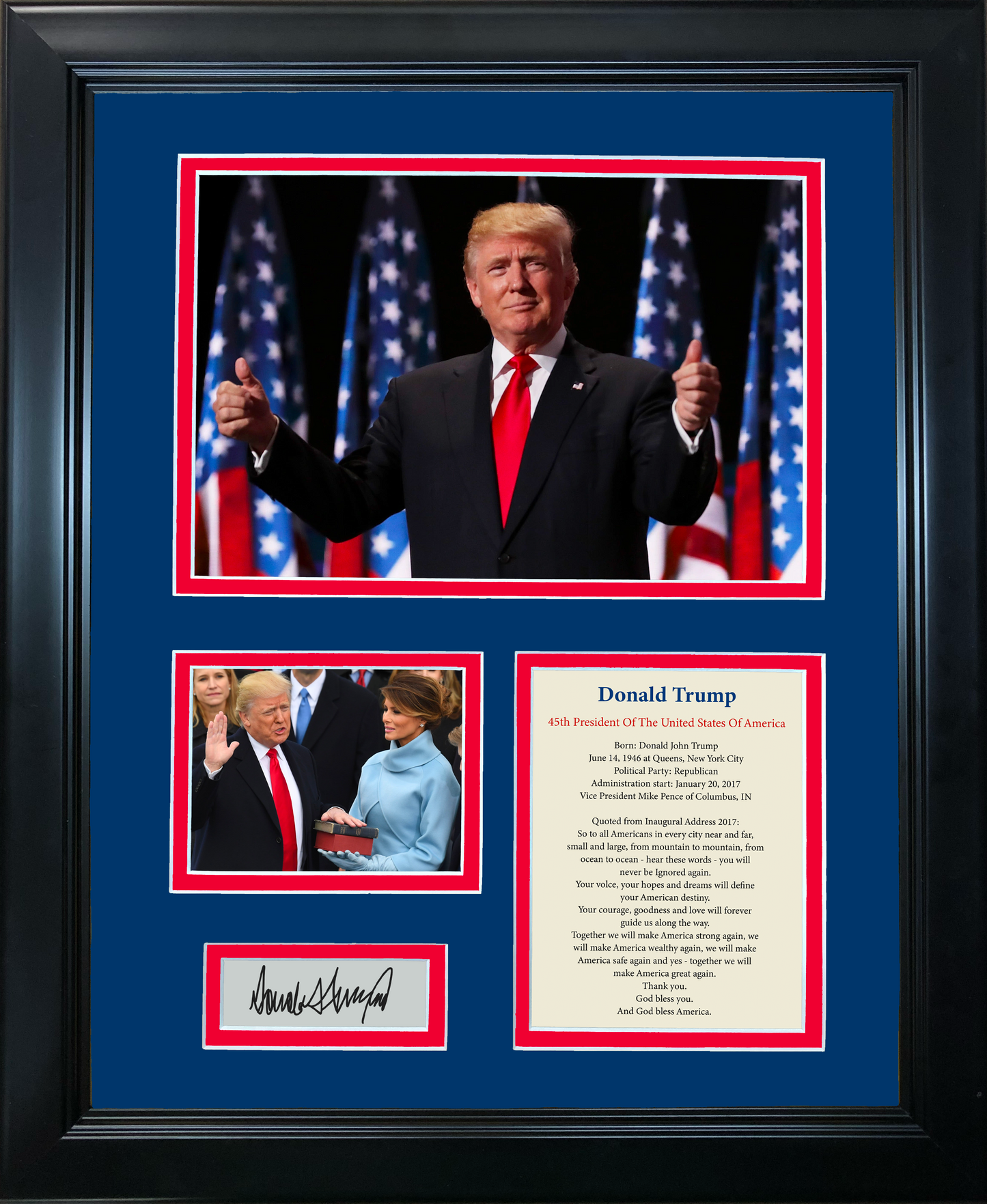 Framed Donald Trump 45th POTUS Facsimile Laser Signature Auto 11"x14" Photo Sig Collage