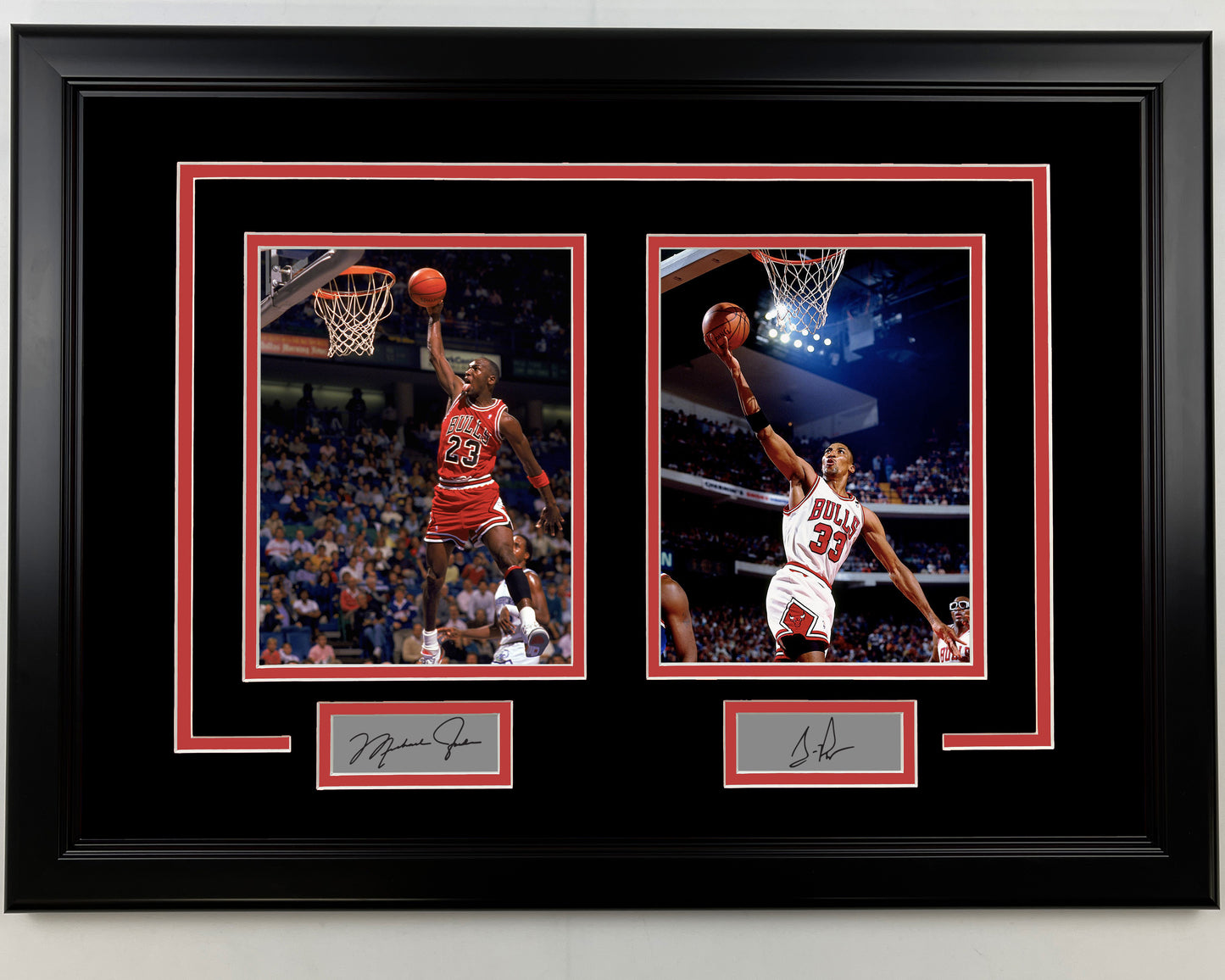Framed Michael Jordan and Scottie Pippen Facsimile Laser Engraved Signatures Chicago Bulls 17x23 Dual Basketball Photo