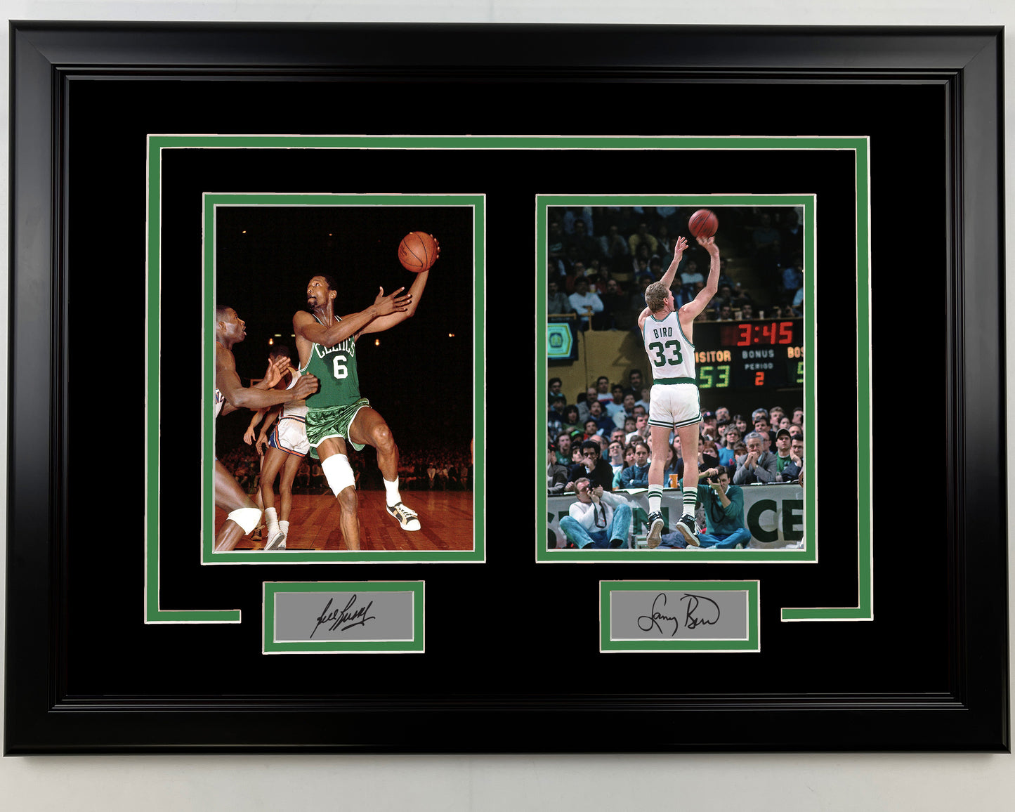 Framed Bill Russell and Larry Bird Facsimile Laser Engraved Signatures Boston Celtics 17x23 Dual Basketball Photo