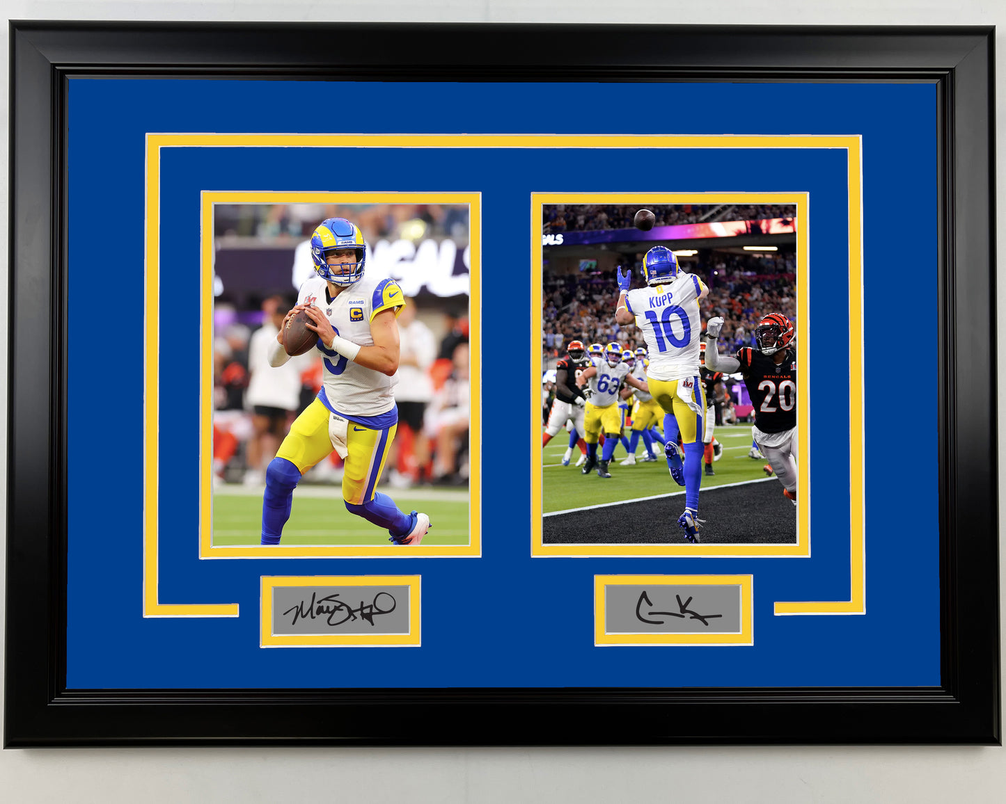 Framed Matt Stafford and Cooper Kupp Facsimile Laser Engraved Signatures Los Angeles Rams 17x23 Dual Football Photo