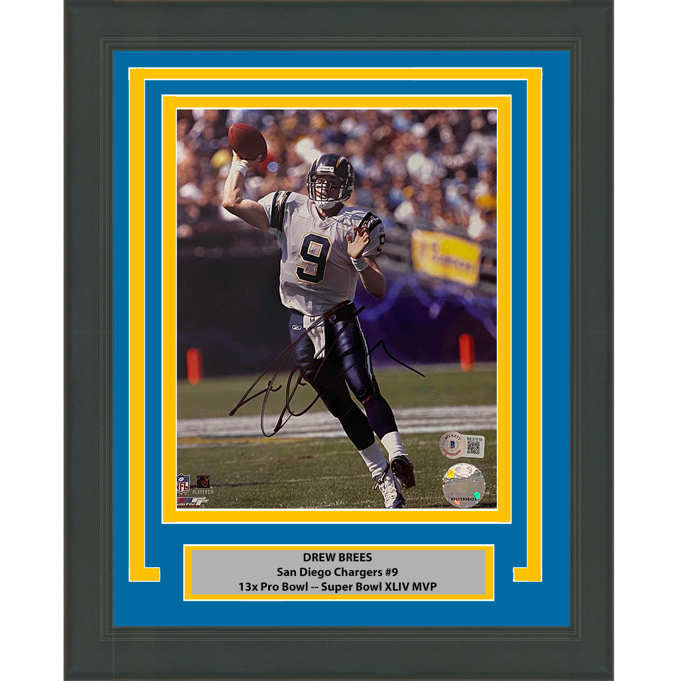 Framed Autographed/Signed Drew Brees San Diego Chargers 8x10 Football Photo Beckett BAS COA