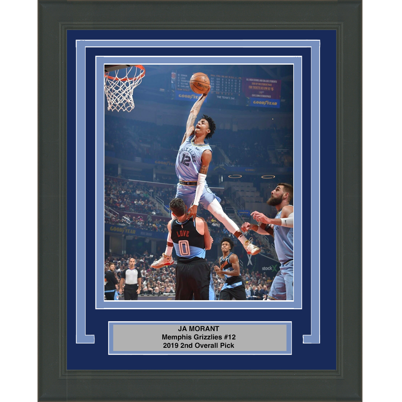 Framed Ja Morant Dunk on Kevin Love Memphis Grizzlies 8x10 Basketball Photo