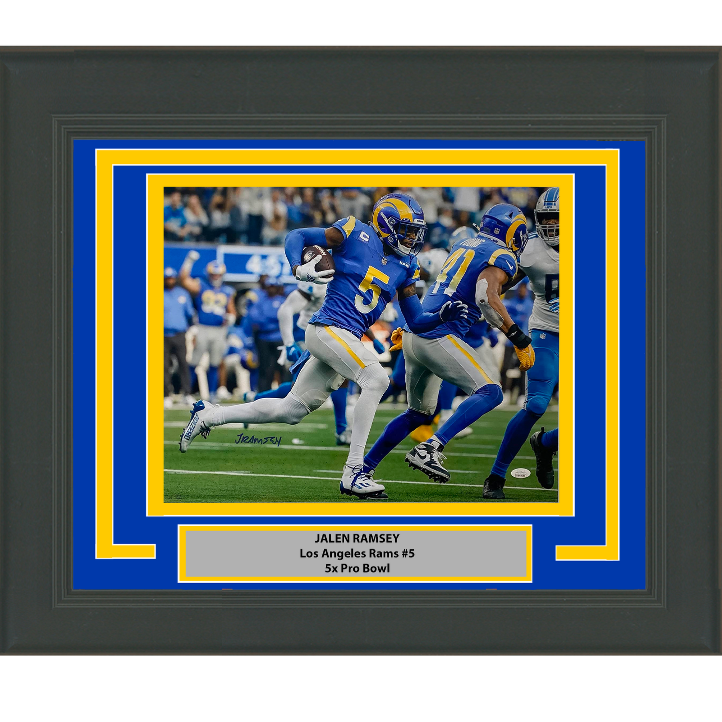 Framed Autographed/Signed Jalen Ramsey Los Angeles LA Rams 16x20 Football Photo JSA COA #1