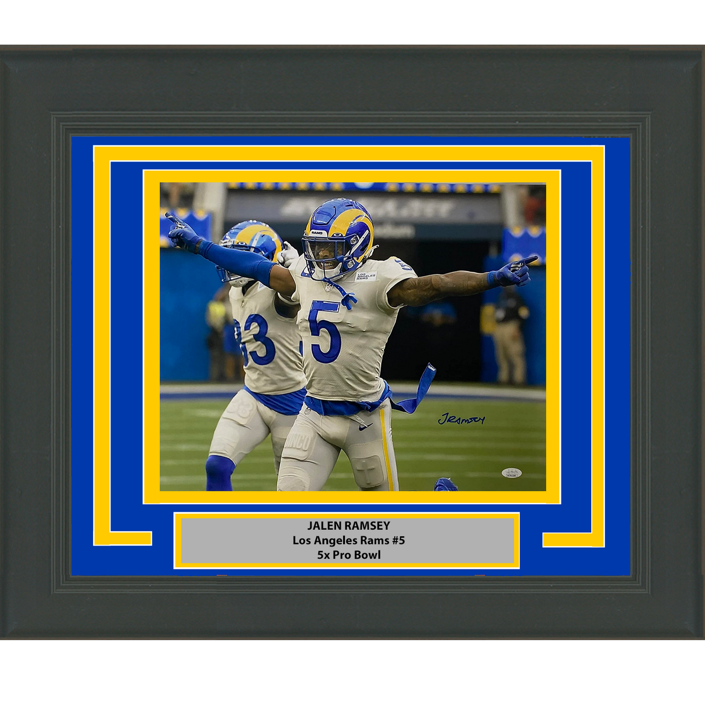 Framed Autographed/Signed Jalen Ramsey Los Angeles LA Rams 16x20 Football Photo JSA COA #3