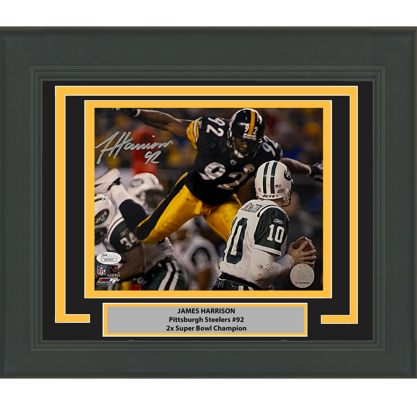 Framed Autographed/Signed James Harrison Pittsburgh Steelers 8x10 Football Photo JSA COA #2