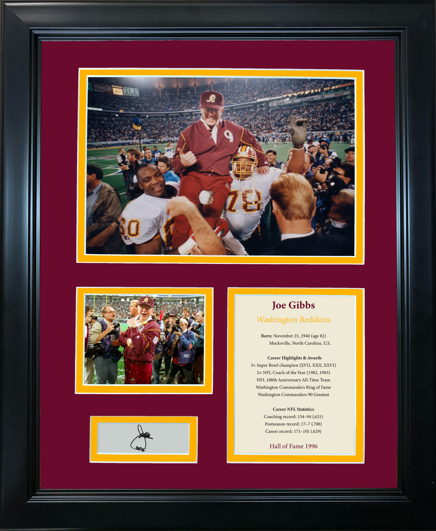 Framed Joe Gibbs Hall of Fame Facsimile Laser Engraved Signature Auto Washington Commanders Football 11"x14" Photo Sig Collage