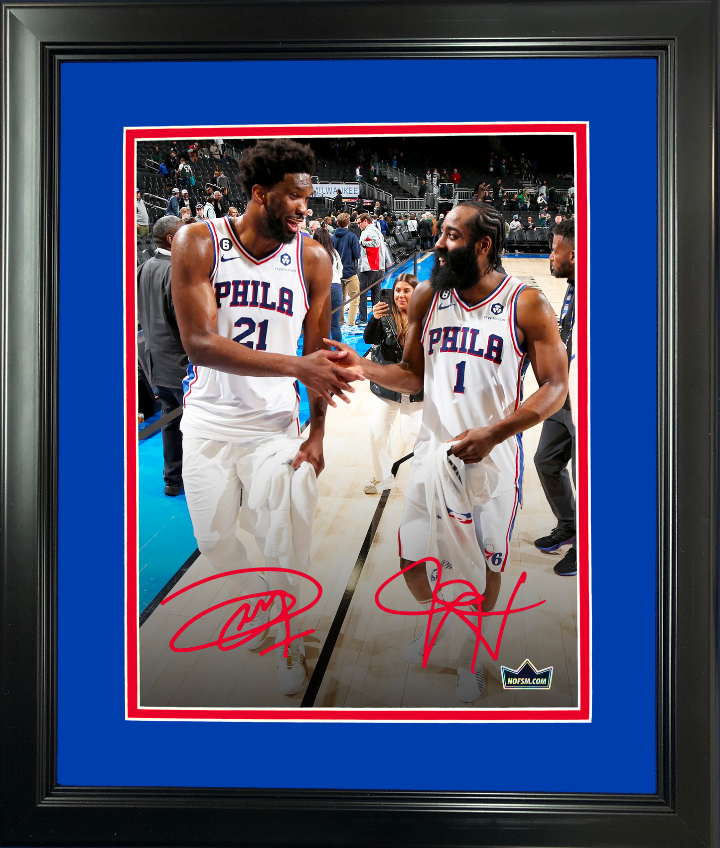 Framed Joel Embiid & James Harden Philadelphia 76ers Dual Facsimile Laser Engraved Signature Auto 11"x14" Basketball Photo HOFSM Holo
