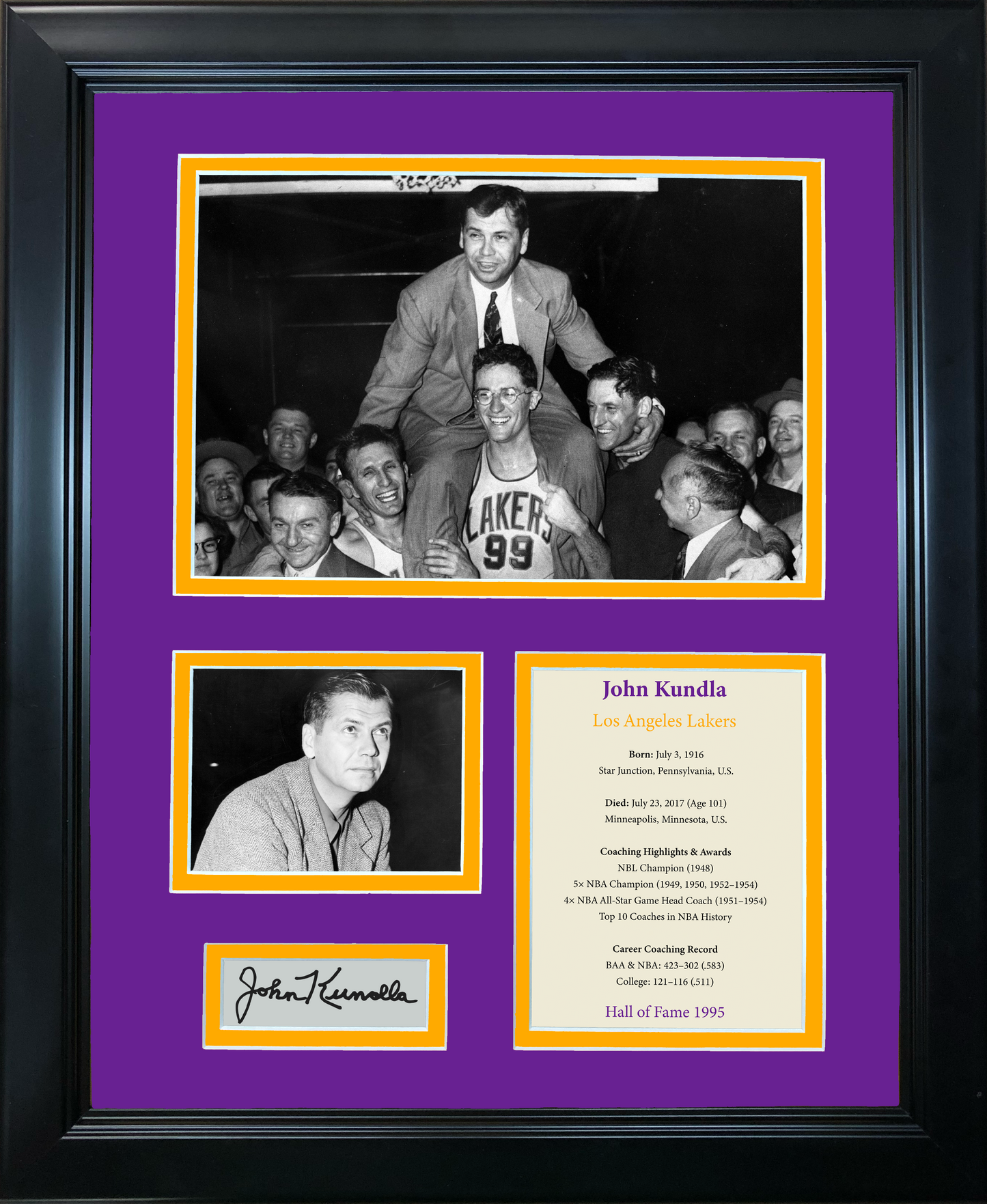 Framed John Kundla Hall of Fame Los Angeles Lakers Facsimile Laser Engraved Signature Auto Basketball 11"x14" Photo Sig Collage