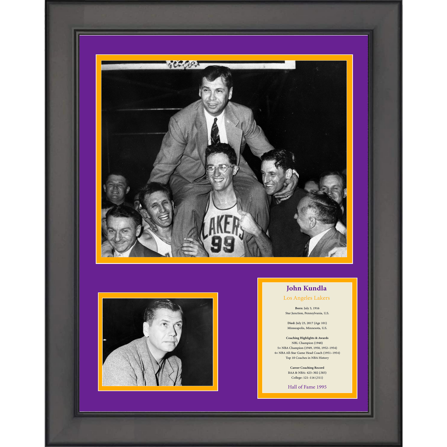 Framed John Kundla Hall of Fame Los Angeles Lakers Basketball 11"x14" Three Photo Collage