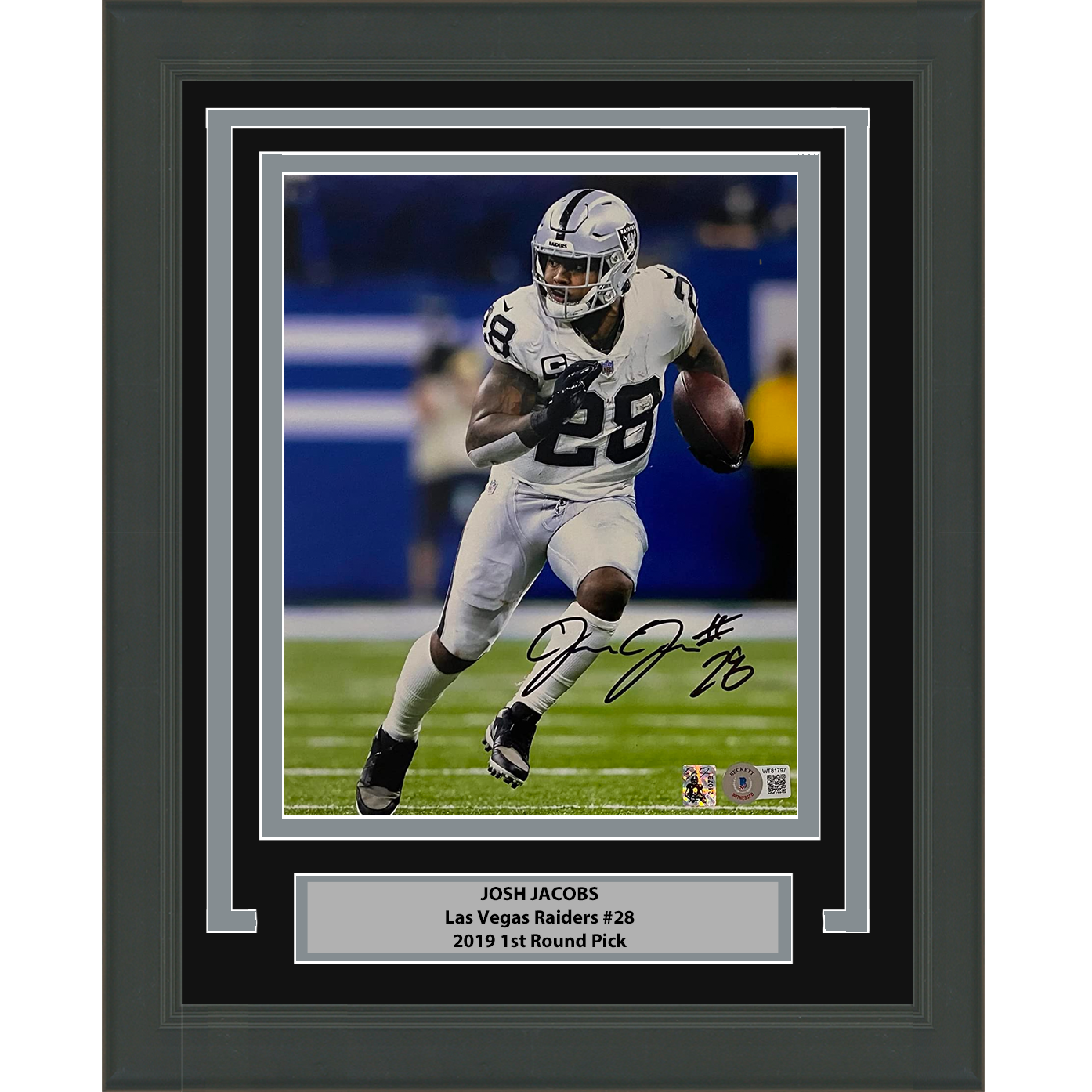 Framed Autographed/Signed Josh Jacobs Las Vegas Oakland Raiders 8x10 Football Photo Beckett BAS COA #4