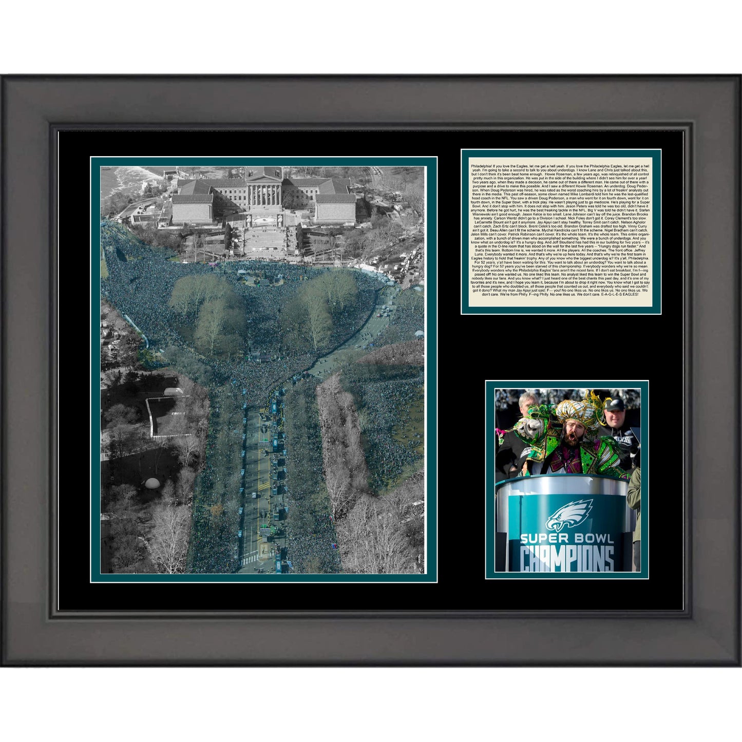 Framed Philadelphia Eagles 2018 Super Bowl 52 LII Champions Parade Jason Kelce Speech 11"x14" Three Photo Collage
