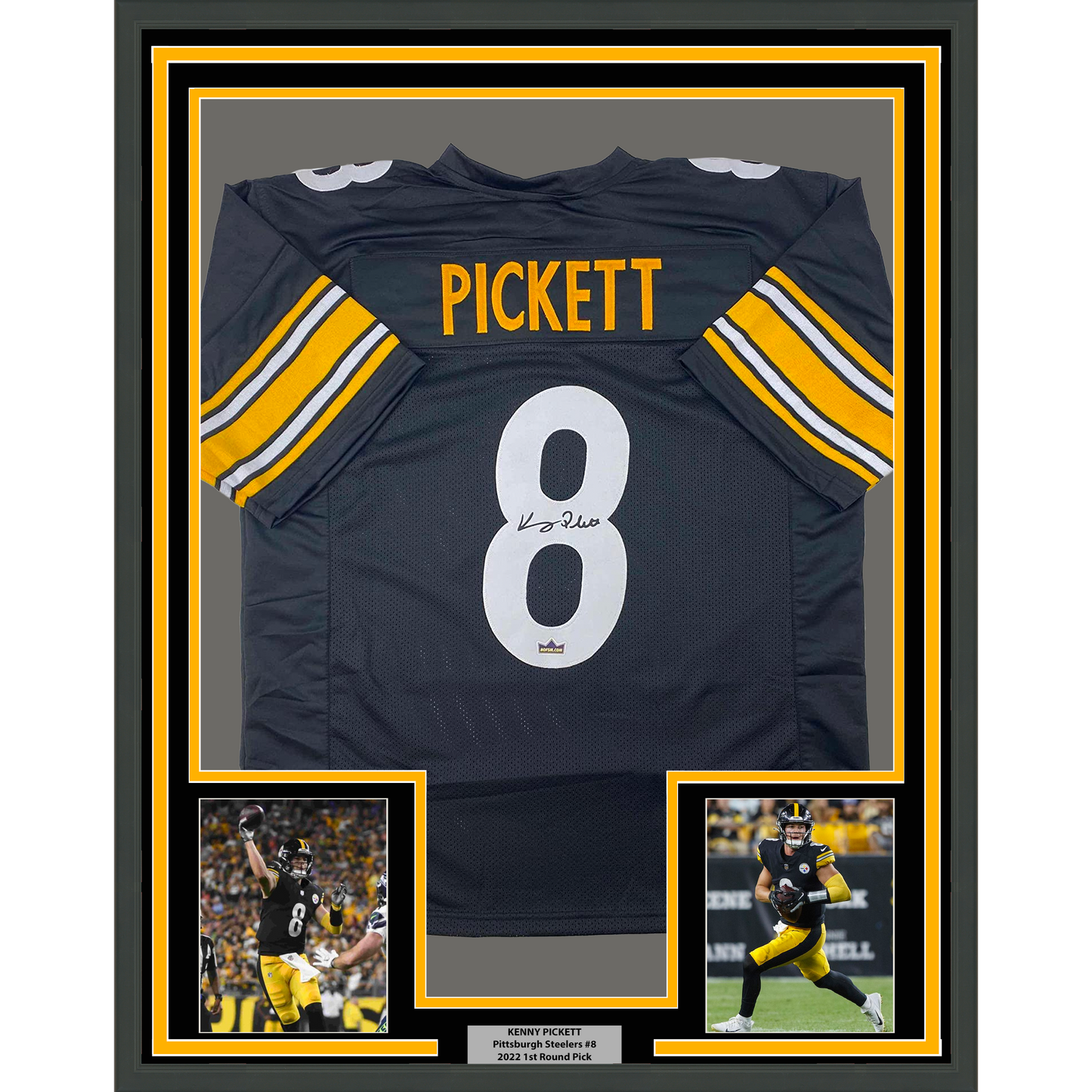 Framed Facsimile Autographed Kenny Pickett 35x39 Pittsburgh Black Reprint Laser Auto Football Jersey