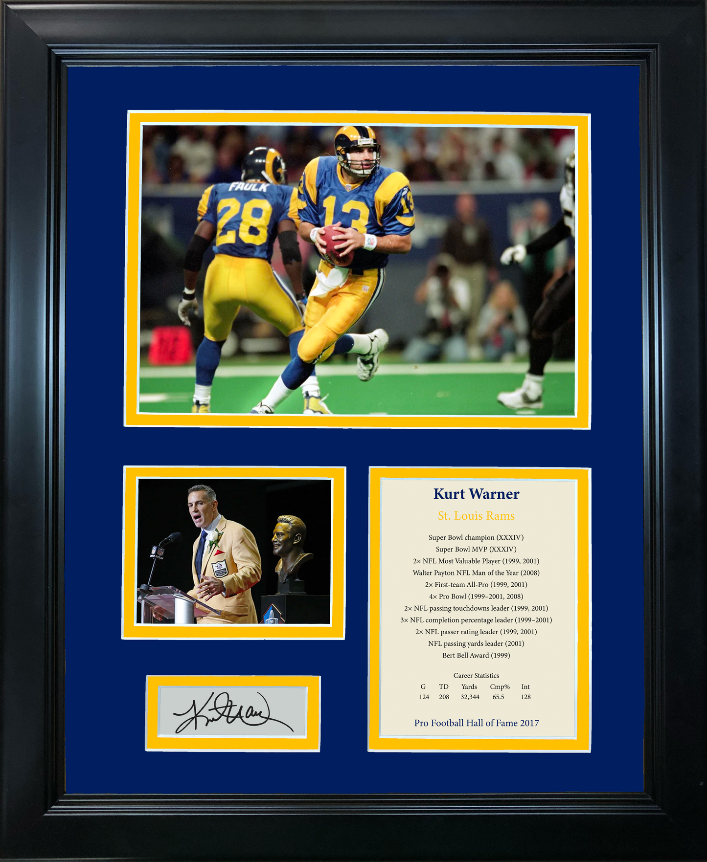 Framed Kurt Warner Hall of Fame Facsimile Laser Engraved Signature Auto St. Louis Rams 11"x14" Football Photo Sig Collage