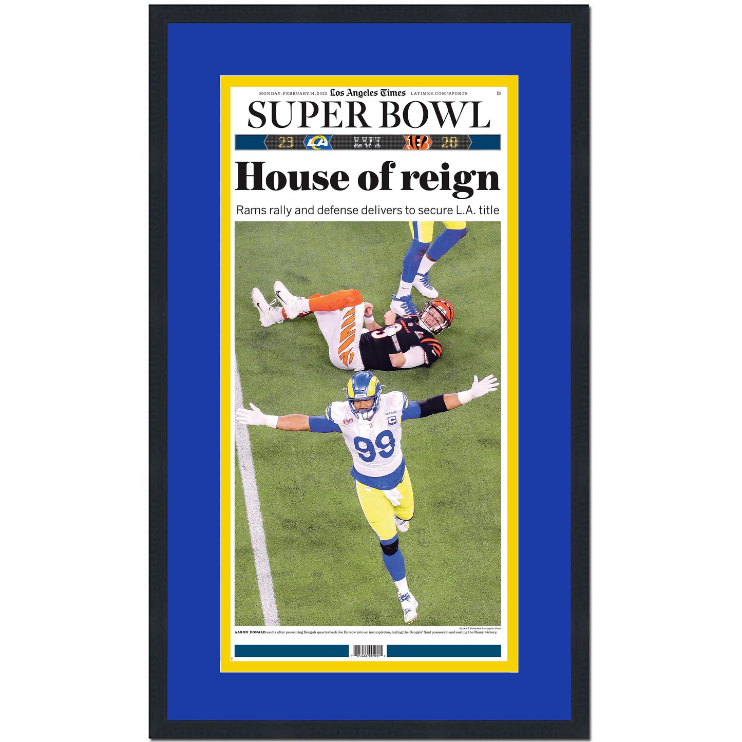 Framed Los Angeles Times LA Rams House of Reign Super Bowl LVI 56 Champions 14x24 Football Newspaper Cover Photo Professionally Matted V2