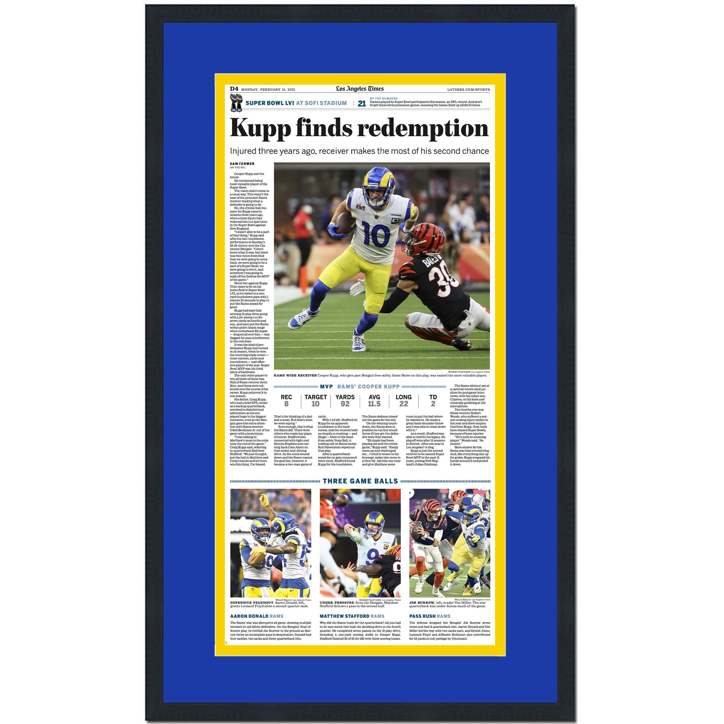 Framed Los Angeles Times Kupp Finds Redemption LA Rams Super Bowl LVI 56 Champions 14x24 Football Newspaper Cover Photo Professionally Matted V4