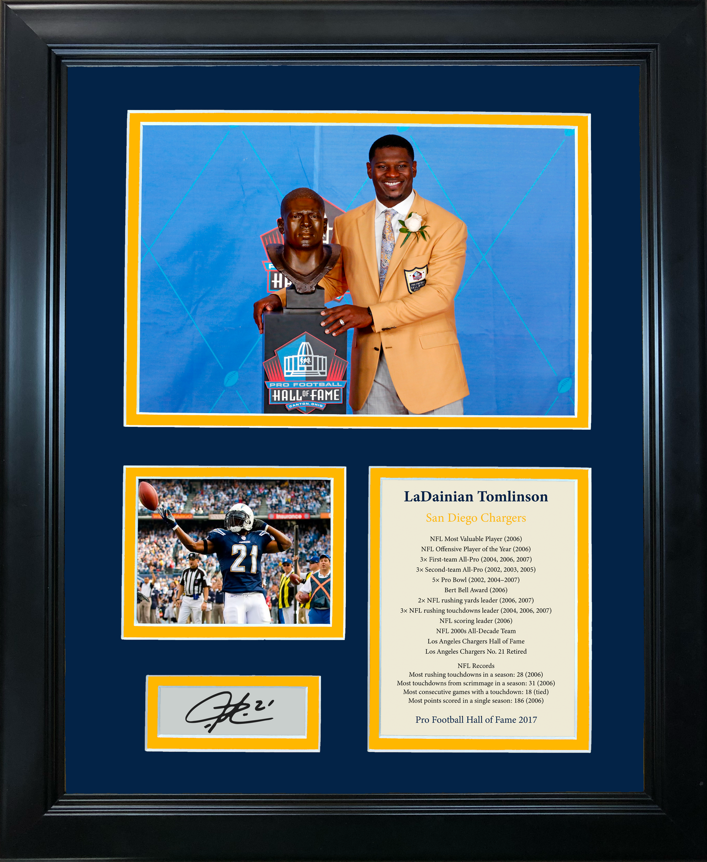 Framed LaDainian Tomlinson Hall of Fame Facsimile Laser Engraved Signature Auto San Diego Chargers 11"x14" Football Photo Sig Collage