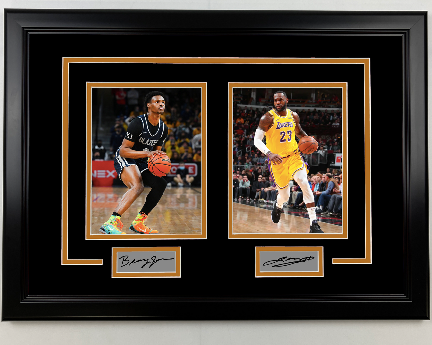 Framed LeBron James and Bronny James Dual Facsimile Laser Engraved Signatures 17x23 Dual Basketball Photo