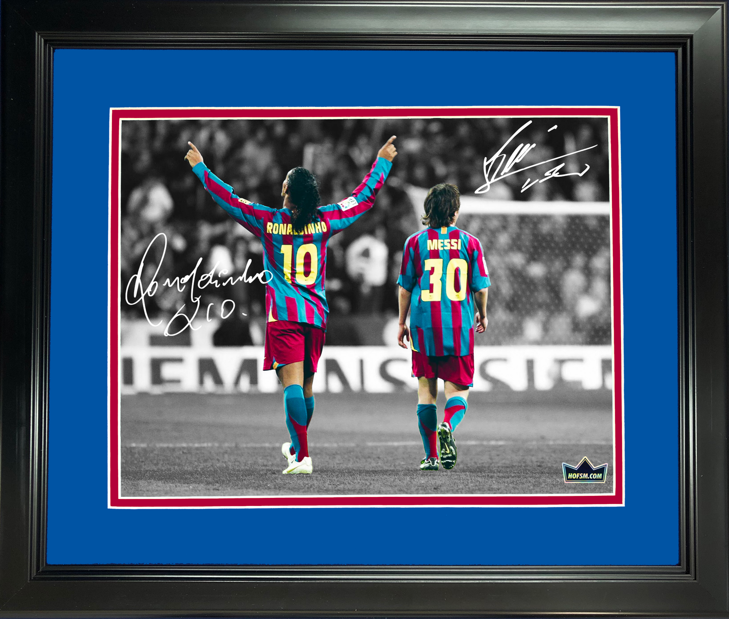 Framed Lionel Messi Ronaldinho FC Barcelona Dual Facsimile Laser Engraved Signature Auto 11"x14" Soccer Photo HOFSM Holo