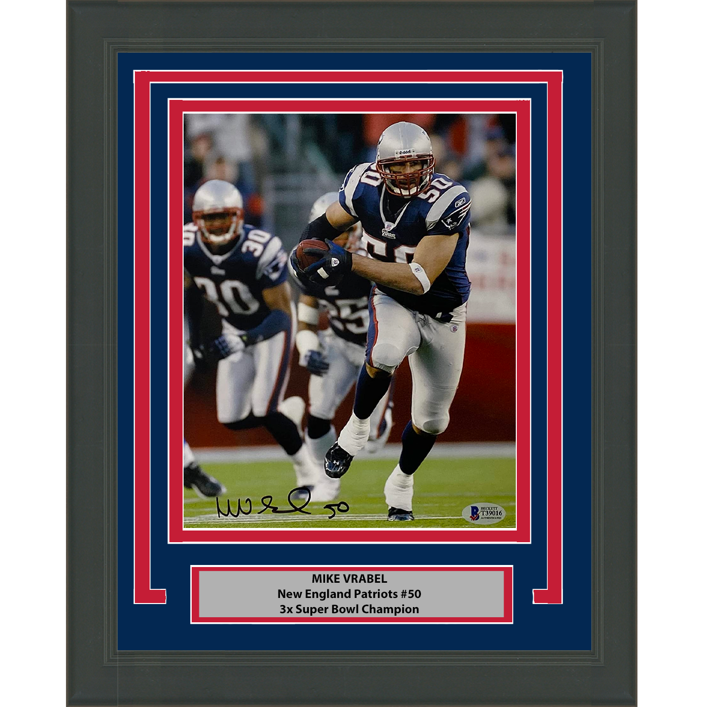 Framed Autographed/Signed Mike Vrabel New England Patriots 8x10 Football Photo Beckett BAS COA #1