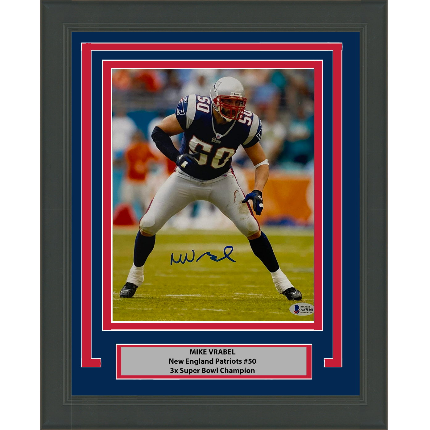 Framed Autographed/Signed Mike Vrabel New England Patriots 8x10 Football Photo Beckett BAS COA #3