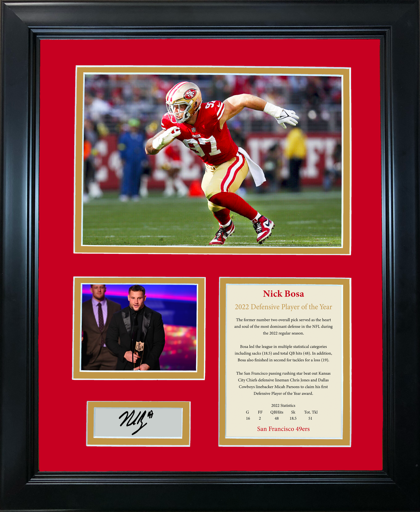 Framed Nick Bosa 2022 Defensive Player of The Year Award Facsimile Laser Engraved Signature Auto San Francisco 49ers 11"x14" Football Photo Sig Collage