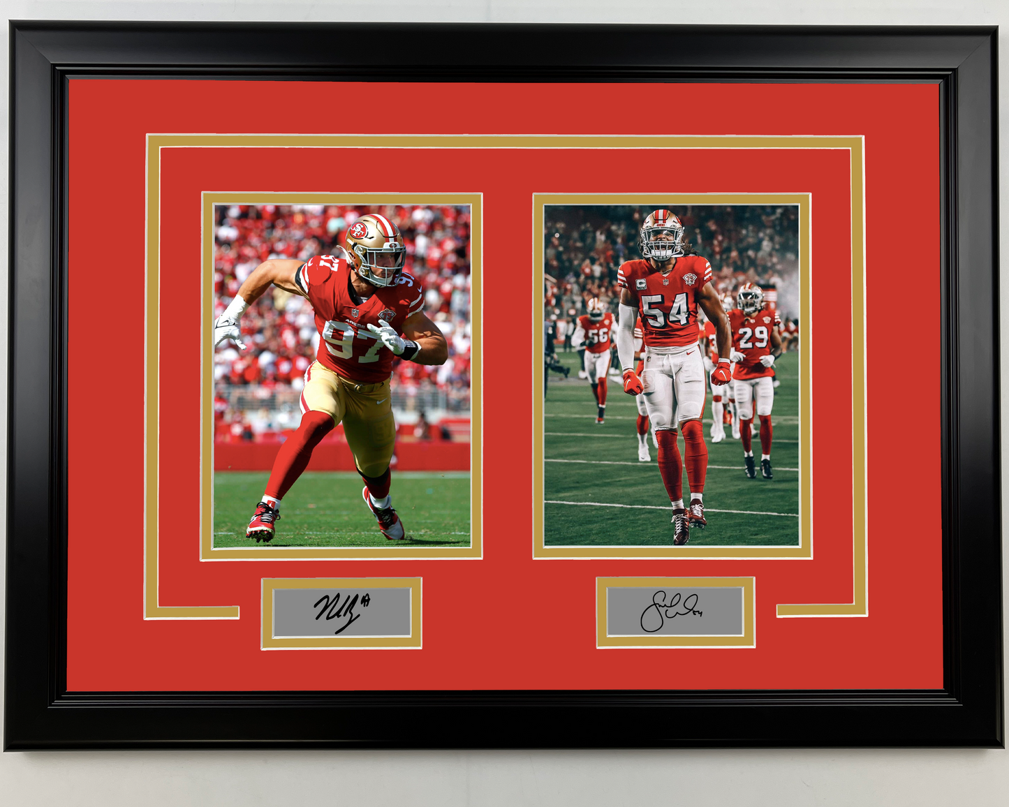 Framed Nick Bosa and Fred Warner Facsimile Laser Engraved Signatures San Francisco 49ers 17x23 Dual Football Photo