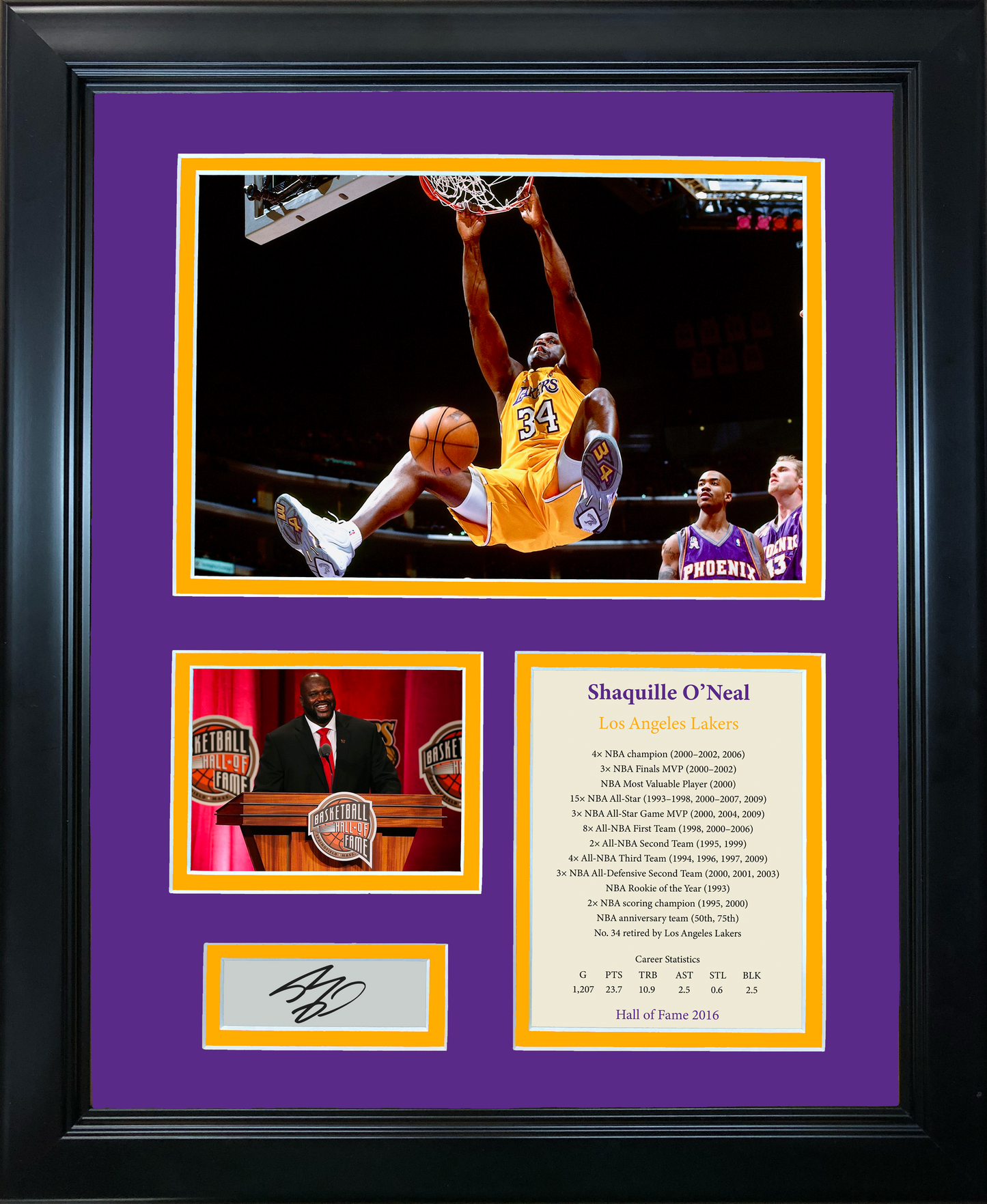 Framed Shaq Shaquille O'Neal Hall of Fame Facsimile Laser Engraved Signature Auto Los Angeles Lakers Basketball 11"x14"Photo Sig Collage