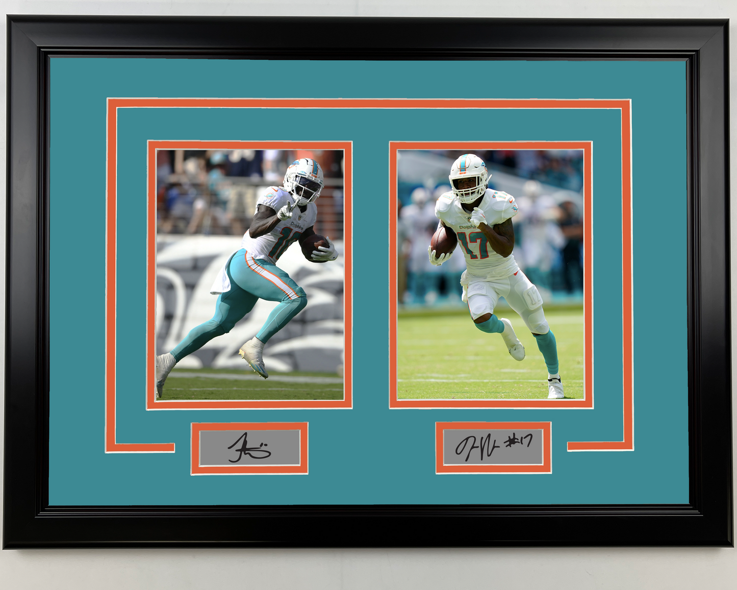Framed Tyreek Hill and Jaylen Waddle Facsimile Laser Engraved Signatures Miami Dolphins 17x23 Dual Football Photo