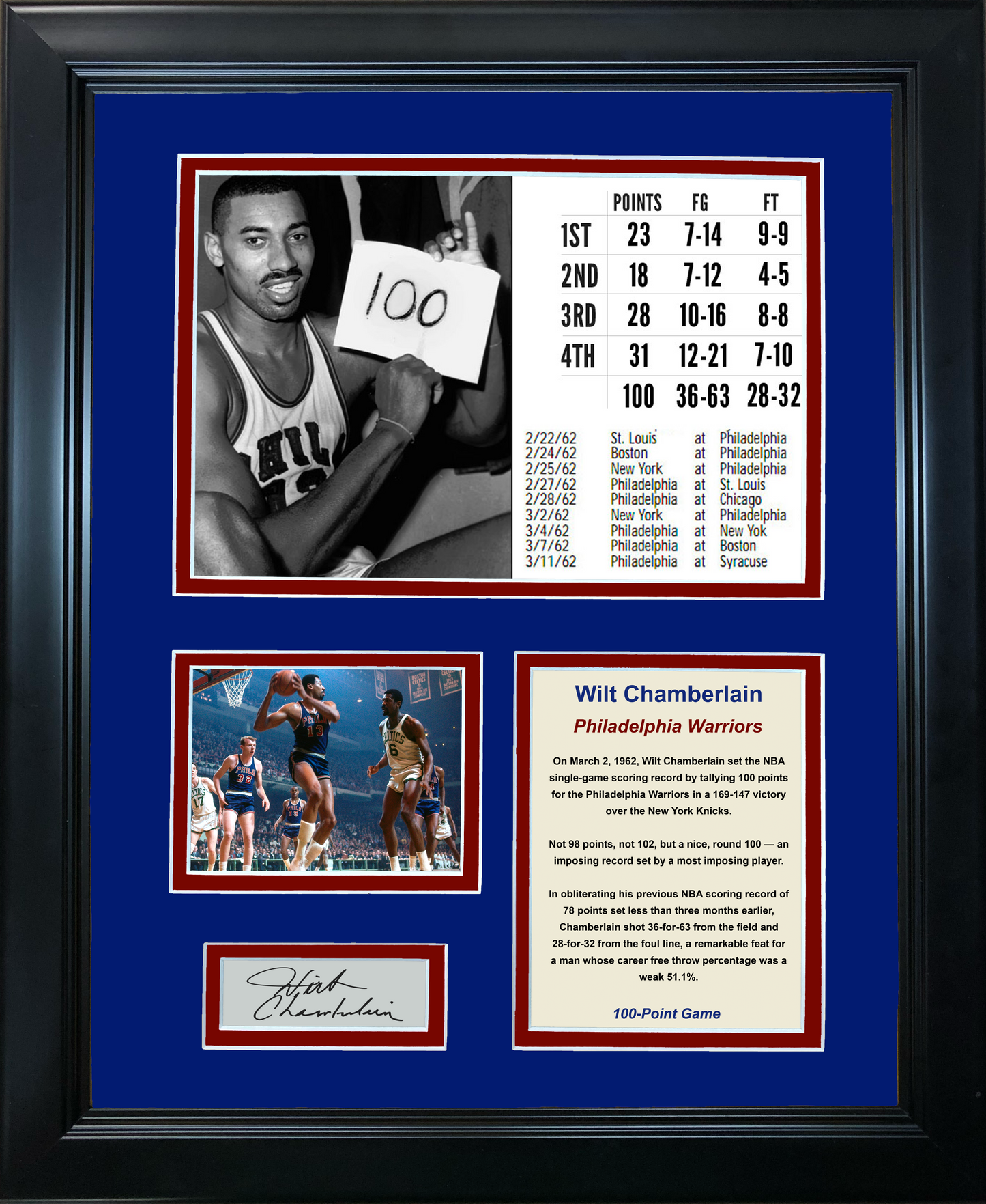 Framed Wilt Chamberlain 100 Point Game Facsimile Laser Engraved Signature Auto Philadelphia Warriors 11"x14" Photo Sig Collage