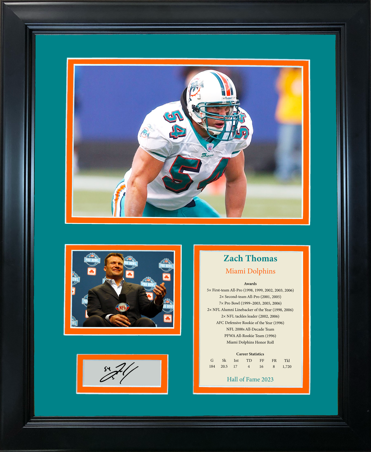 Framed Zach Thomas Hall of Fame Facsimile Laser Engraved Signature Auto Miami Dolphins 11"x14" Football Photo Sig Collage