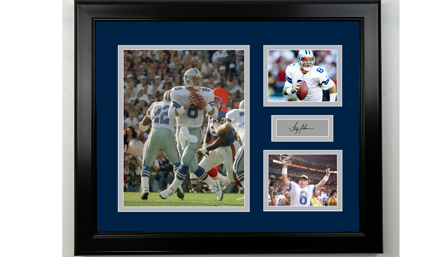 Framed Troy Aikman Dallas Cowboys Facsimile Laser Engraved Signature Football 14x11 3 Photo Collage