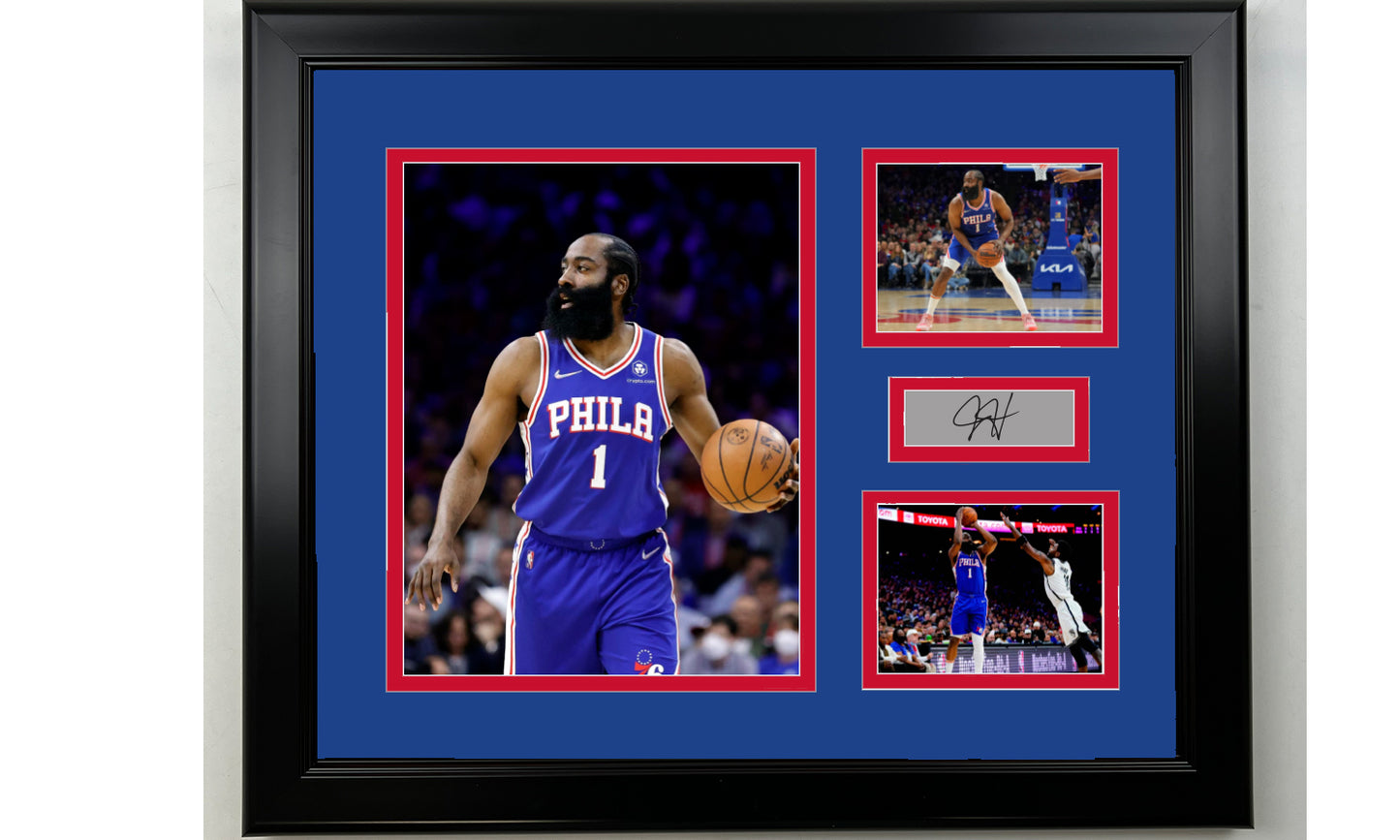 Framed James Harden Philadelphia 76ers Facsimile Laser Engraved Signature Basketball 14x11 3 Photo Collage