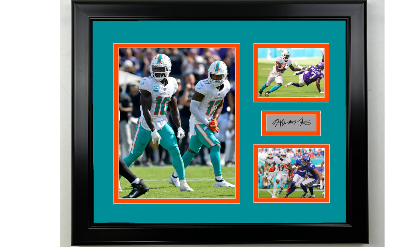 Framed Tyreek Hill & Jaylen Waddle Miami Dolphins Facsimile Laser Engraved Signature Football 14x11 3 Photo Collage