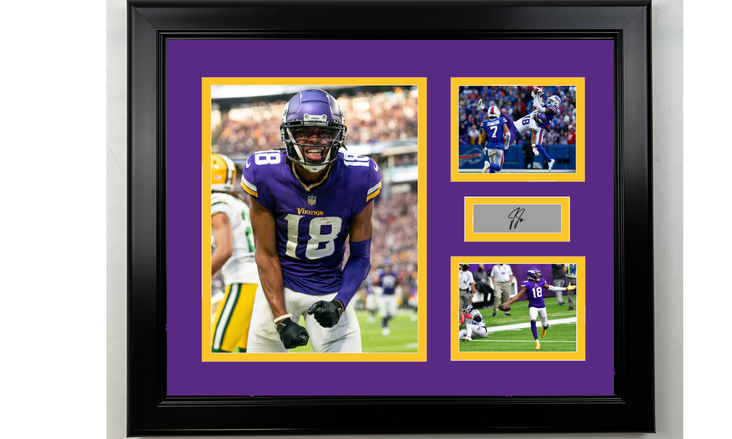 Framed Justin Jefferson Minnesota Vikings Facsimile Laser Engraved Signature Football 14x11 3 Photo Collage