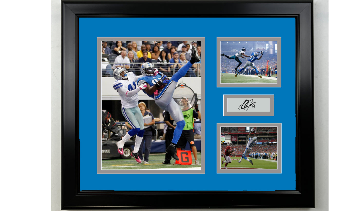 Framed Calvin Johnson Detroit Lions Facsimile Laser Engraved Signature Football 14x11 3 Photo Collage