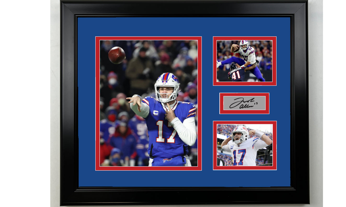 Framed Josh Allen Buffalo Bills Facsimile Laser Engraved Signature Football 14x11 3 Photo Collage