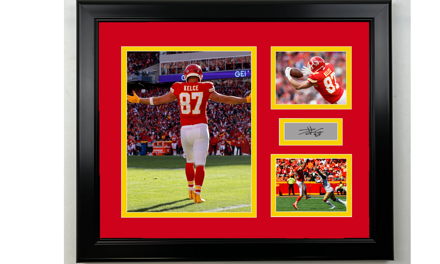 Framed Travis Kelce Kansas City Chiefs Facsimile Laser Engraved Signature Football 14x11 3 Photo Collage