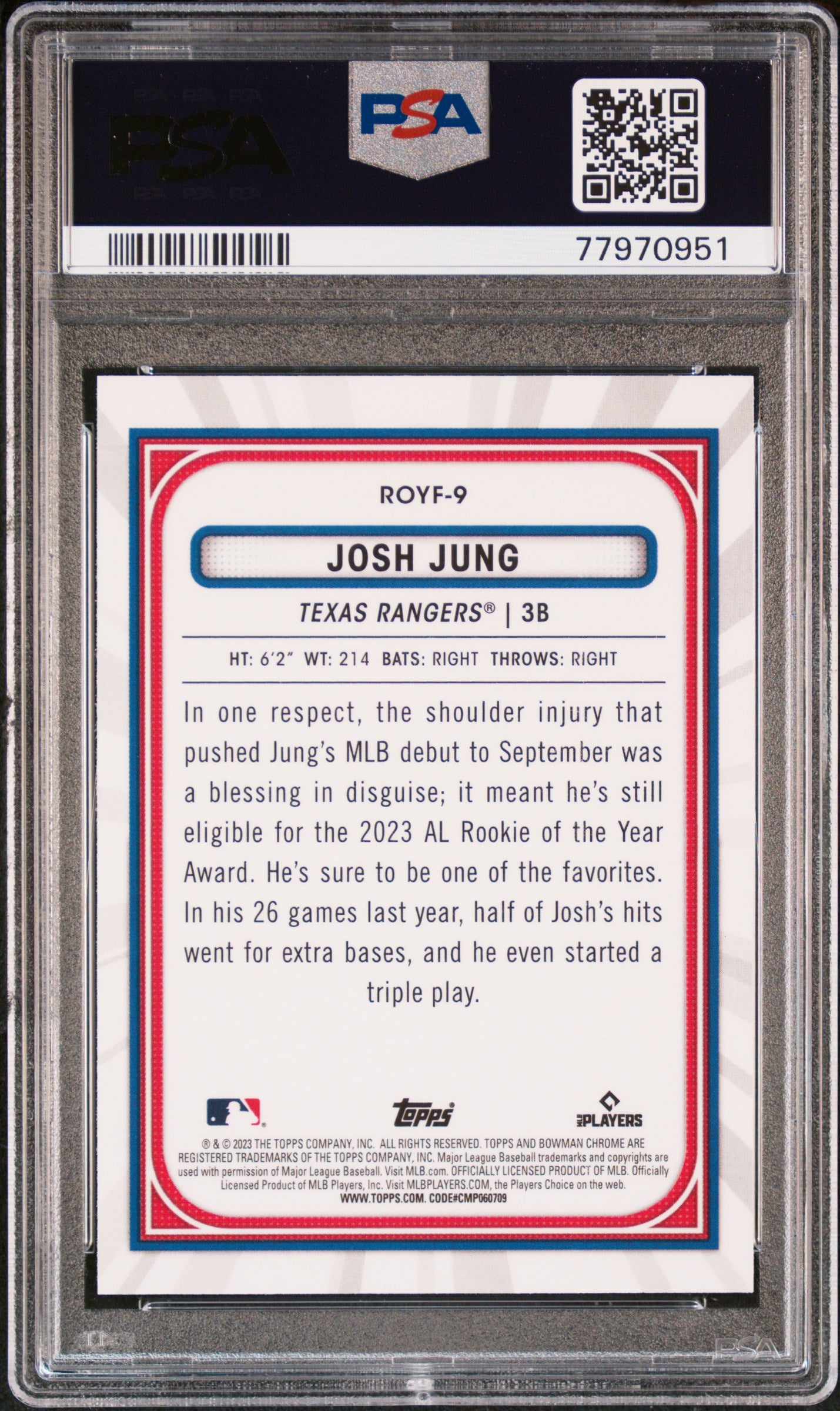 Graded 2023 Topps Bowman Josh Jung #ROYF9 Rookie of the Year Favorites Rookie RC Baseball Card PSA 10 Gem Mint