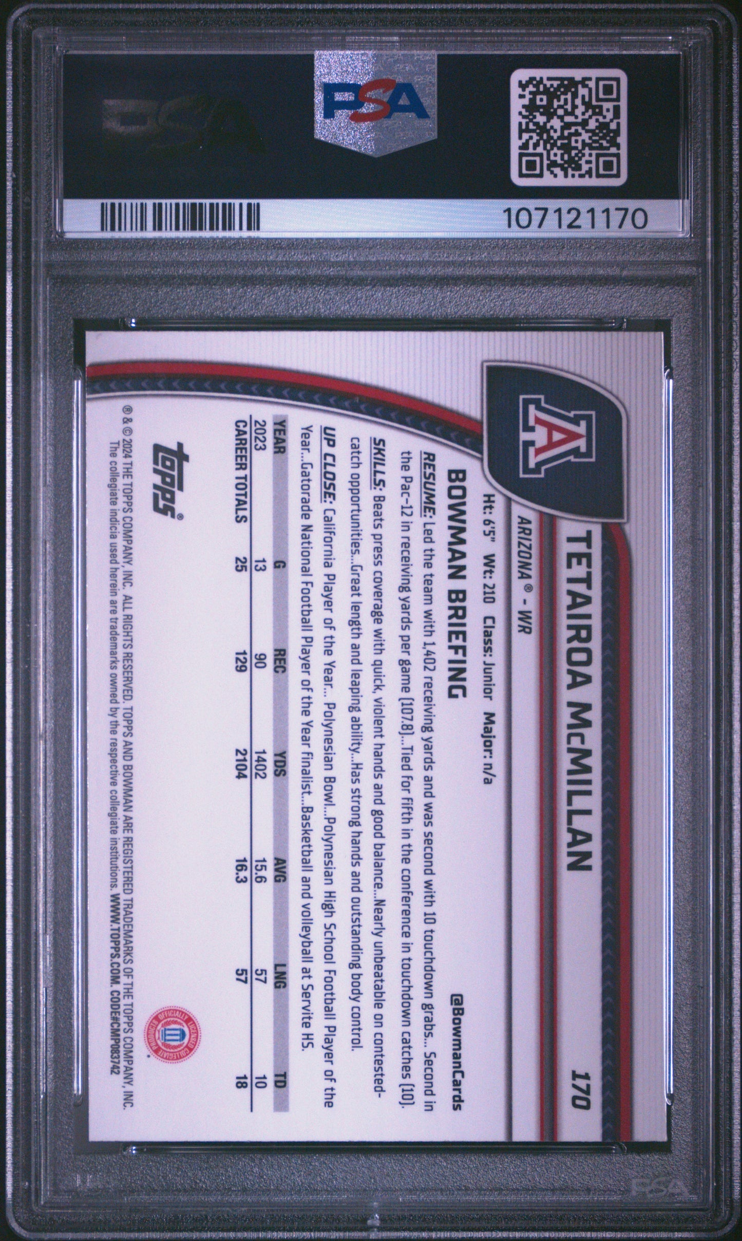 Graded 2024 Topps Bowman U Chrome Tetairoa McMillan #170 Pink Lava Rookie RC Football Card PSA 10 Gem Mint