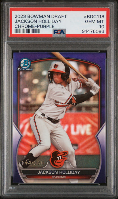 Graded 2023 Topps Bowman Draft Jackson Holliday #BDC118 Chrome Purple /250 Rookie RC Baseball Card PSA 10 Gem Mint