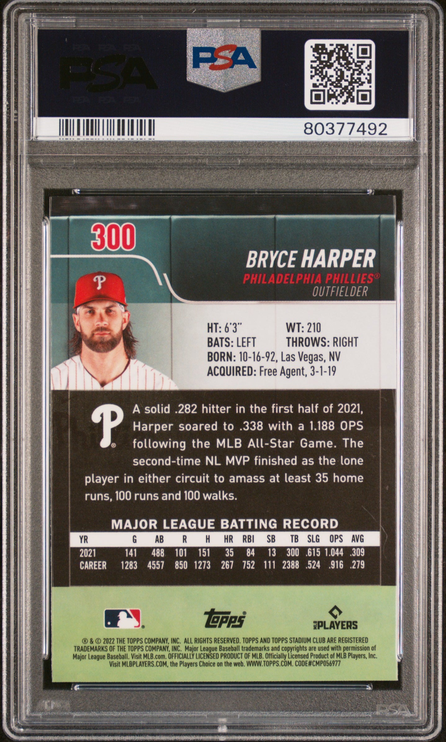 Graded 2022 Topps Stadium Club Bryce Harper #300 Chrome Baseball Card PSA 10 Gem Mint