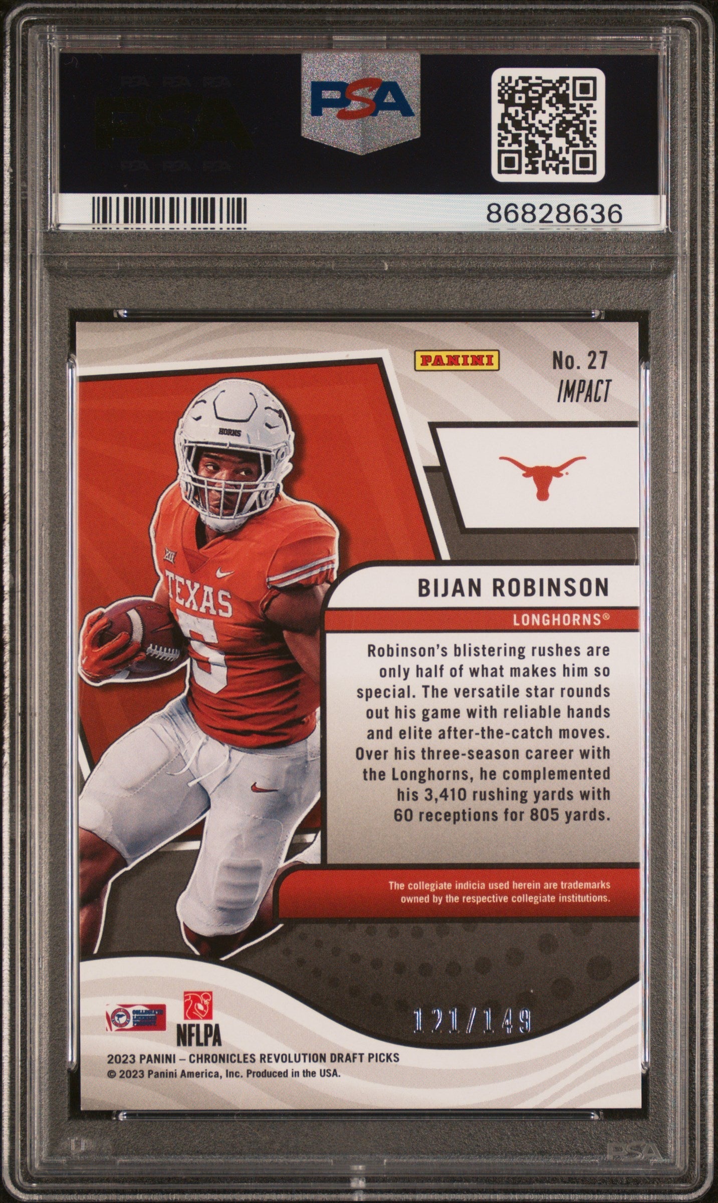 Graded 2023 Panini Chronicles DP Bijan Robinson #27 Revolution Impact #/149 Rookie RC Football Card PSA 10 Gem Mint