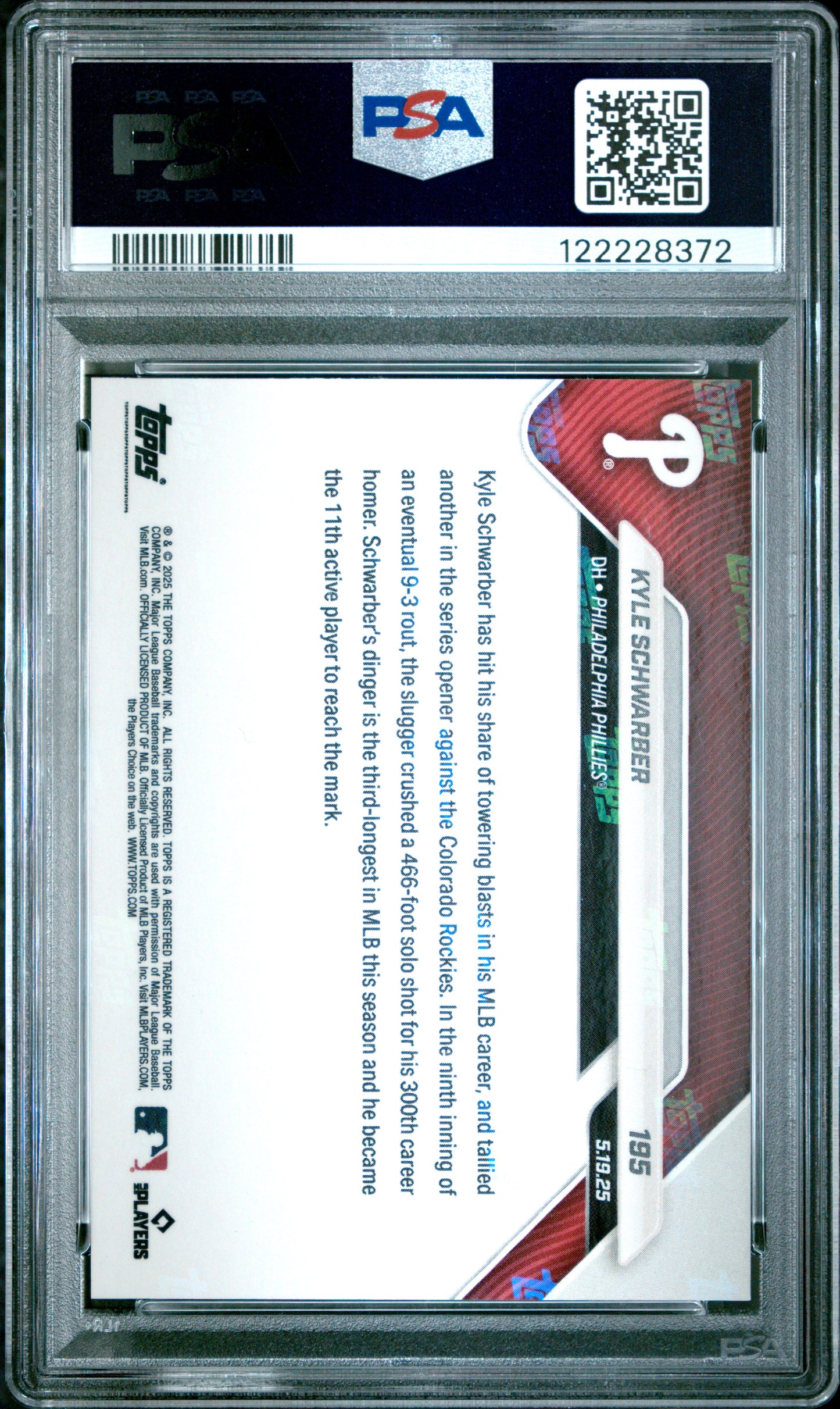 Graded 2025 Topps Now Kyle Schwarber #195 Orange Foil /25 Baseball Card PSA 9 Mint