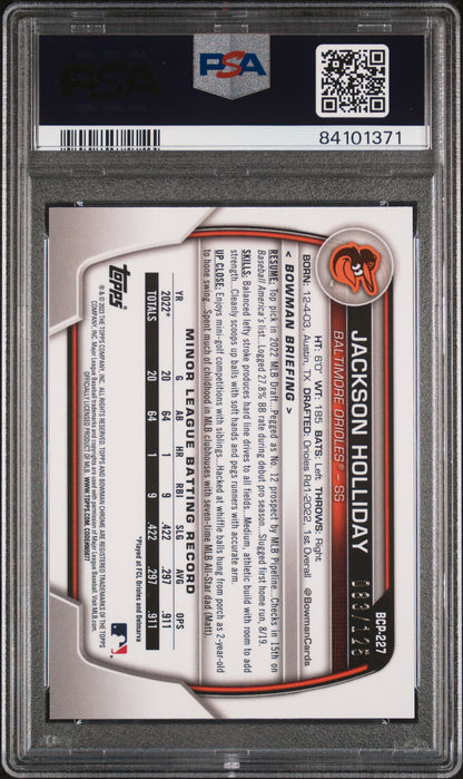 Graded 2023 Topps Bowman Chrome Jackson Holliday #BCP227 Prospects Aqua /125 Rookie RC Baseball Card PSA 10 Gem Mint