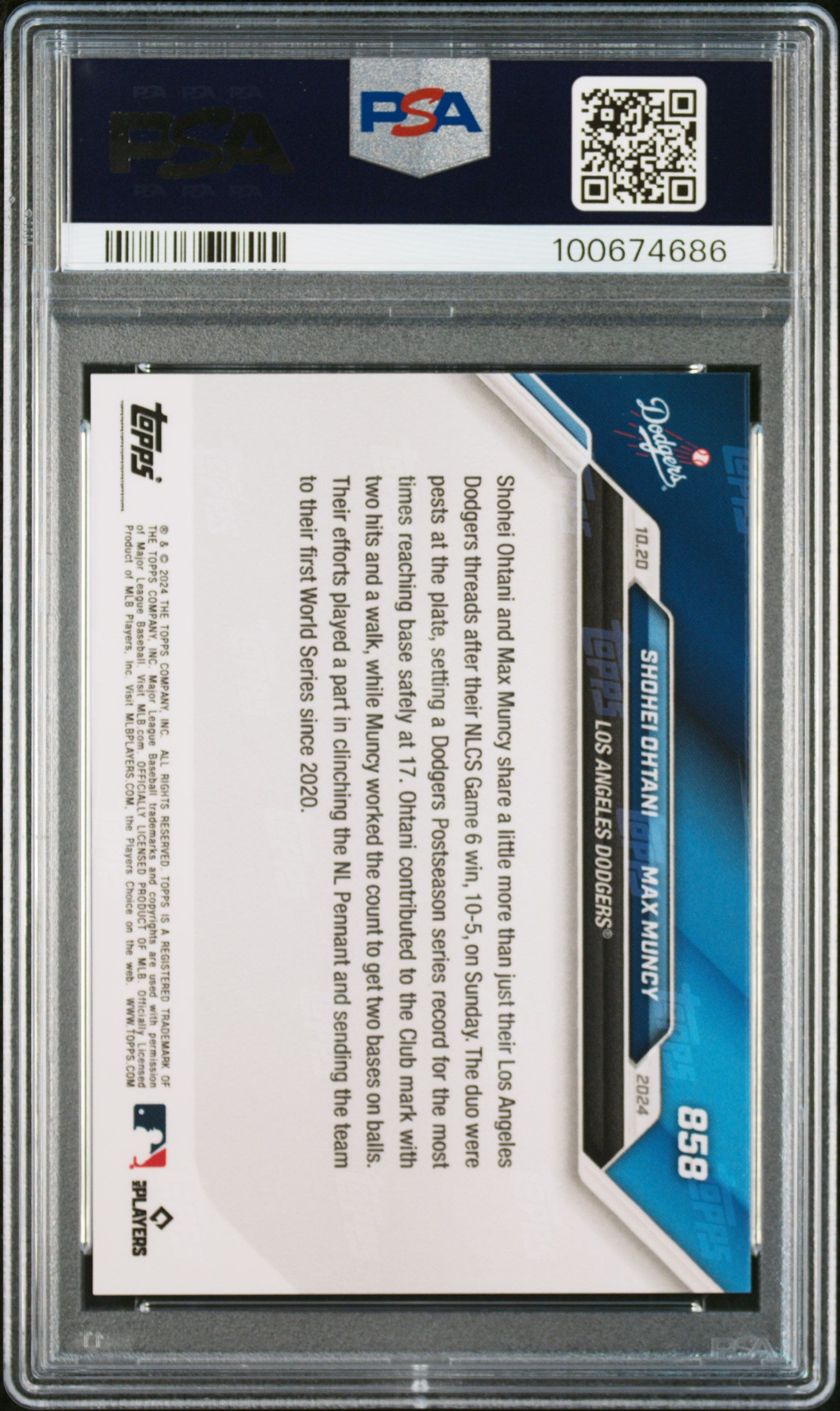 Graded 2024 Topps Now Shohei Ohtani Max Muncy #858 Baseball Card PSA 10 Gem Mint