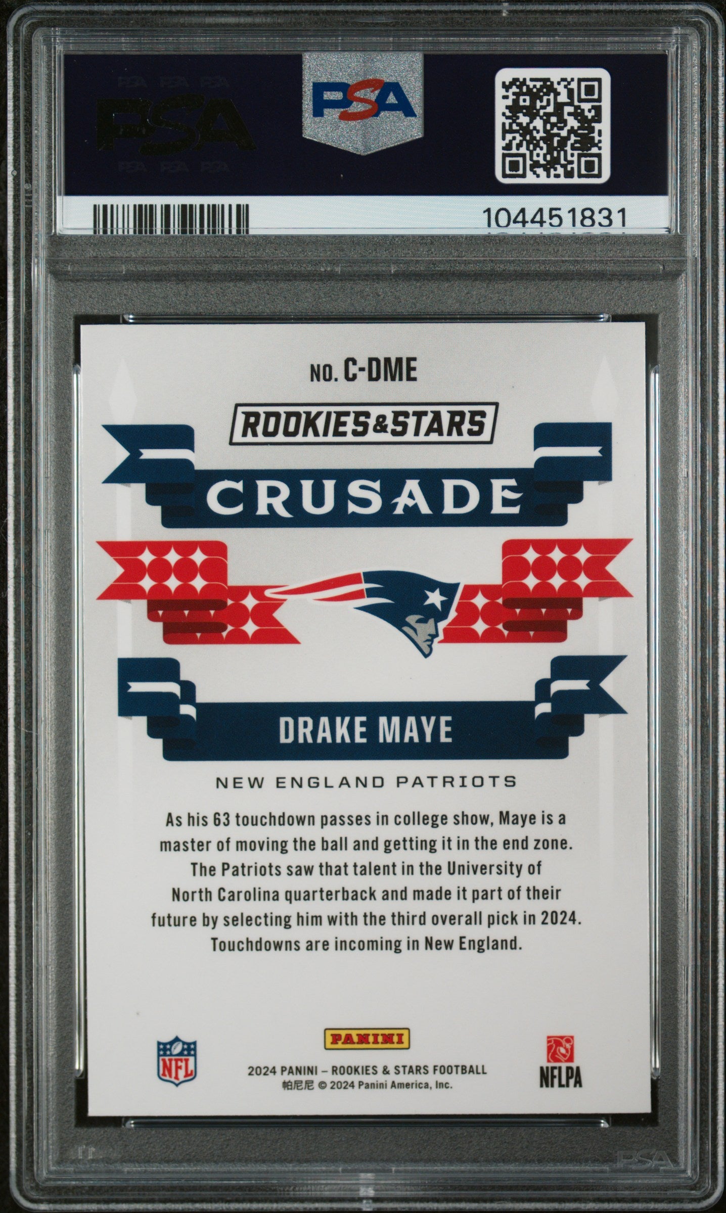 Graded 2024 Panini Rookies & Stars Drake Maye #CDME Crusade Rookie RC Football Card PSA 10 Gem Mint