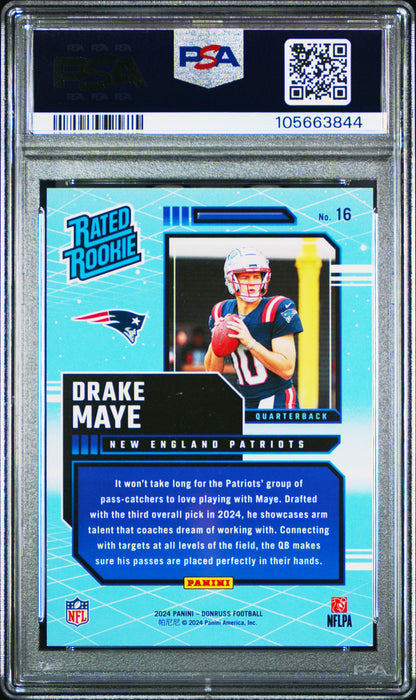 Graded 2024 Panini Donruss Drake Maye #16 Rated Rookies Retro Rookie RC Football Card PSA 10 Gem Mint