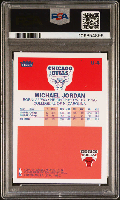 Graded 1996 Fleer Ultra Michael Jordan #U4 Decade Of Excellence Rookie Reprint Basketball Card PSA 10 Gem Mint