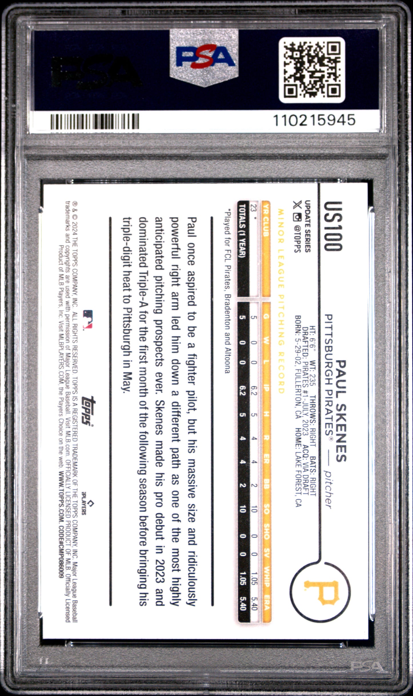 Graded 2024 Topps Update Paul Skenes #US100 Rookie RC Baseball Card PSA 10 Gem Mint