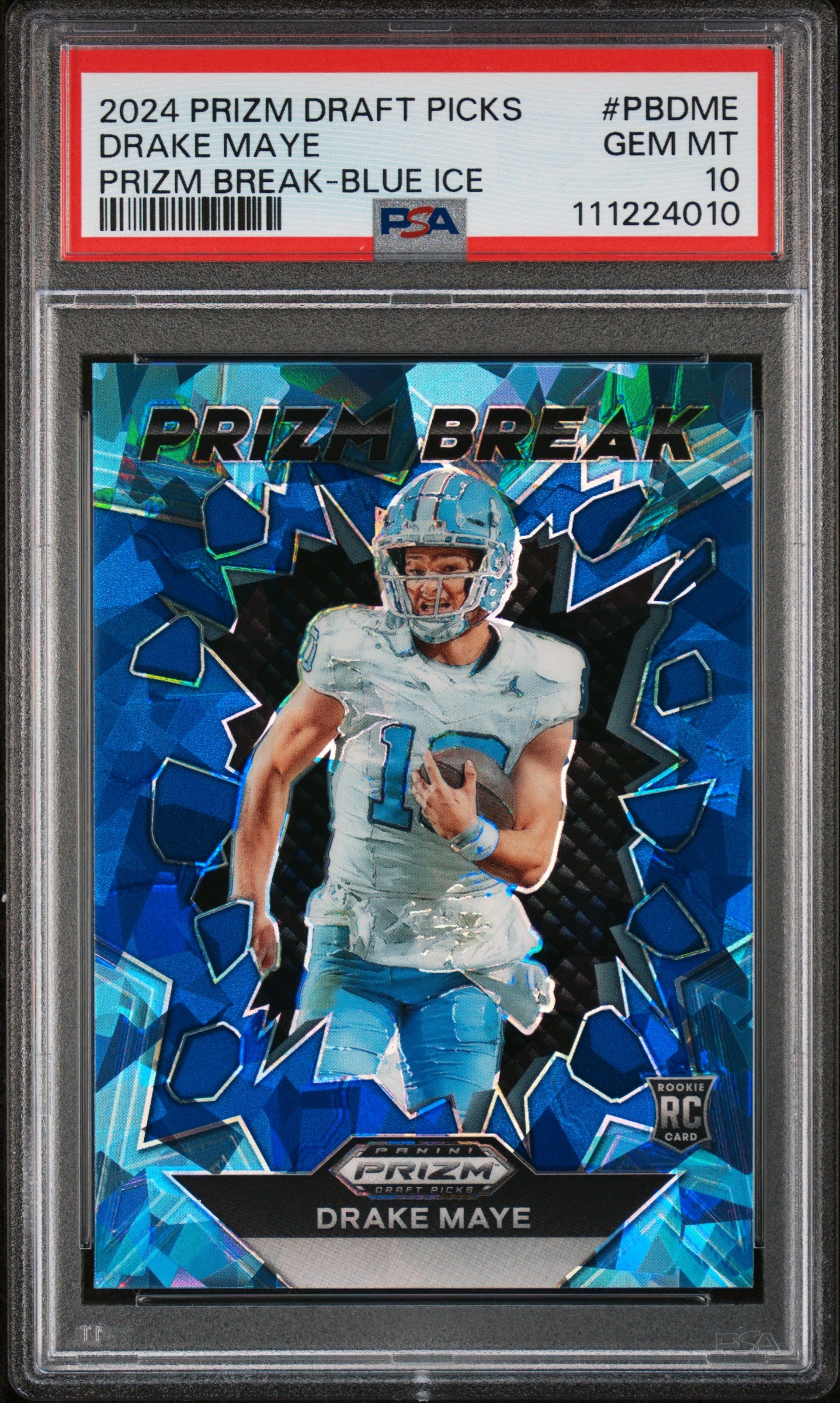Graded 2024 Panini Prizm Draft Picks Drake Maye #PBDME Prizm Break Blue Ice /99 Rookie RC Football Card PSA 10 Gem Mint